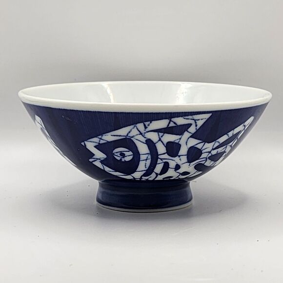 Japanese Rice Soup Bowl Porcelain Blue Dami Sakana Fish Made in Japan - Picture 1 of 5